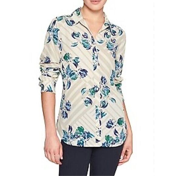 Banana Republic Blue Cream Lattice Floral Print Collar Classic Fit Blouse MEDIUM - Picture 2 of 9